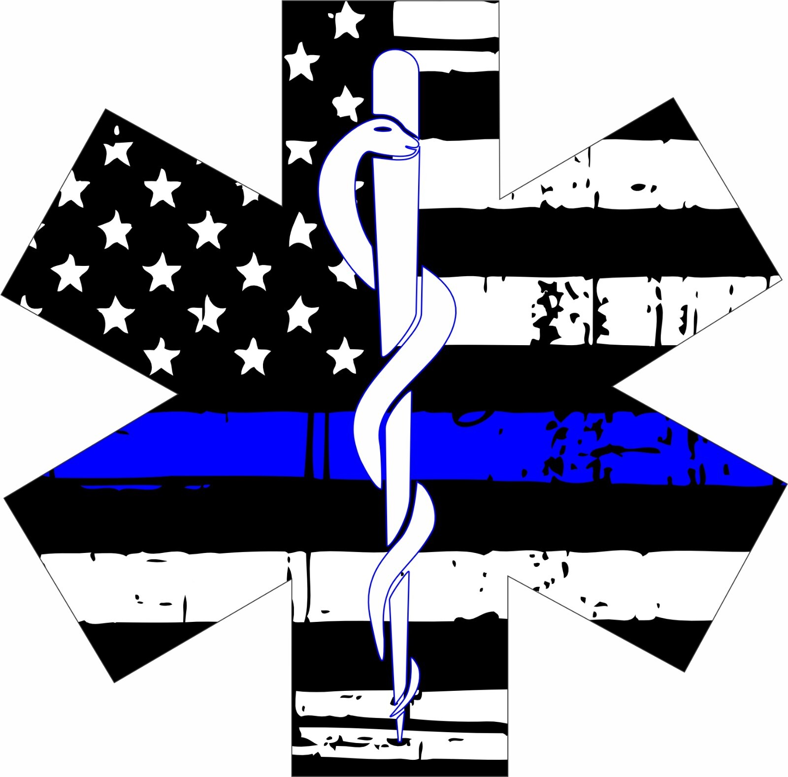 Thin Blue Line Decal-Tattered Flag EMS Star Rescue Window Decal - Various Sizes