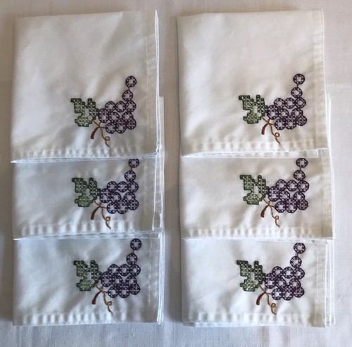 Set 6 Handmade Cross Stitched Cloth Napkins White Purple Grape Bunch 14” Square