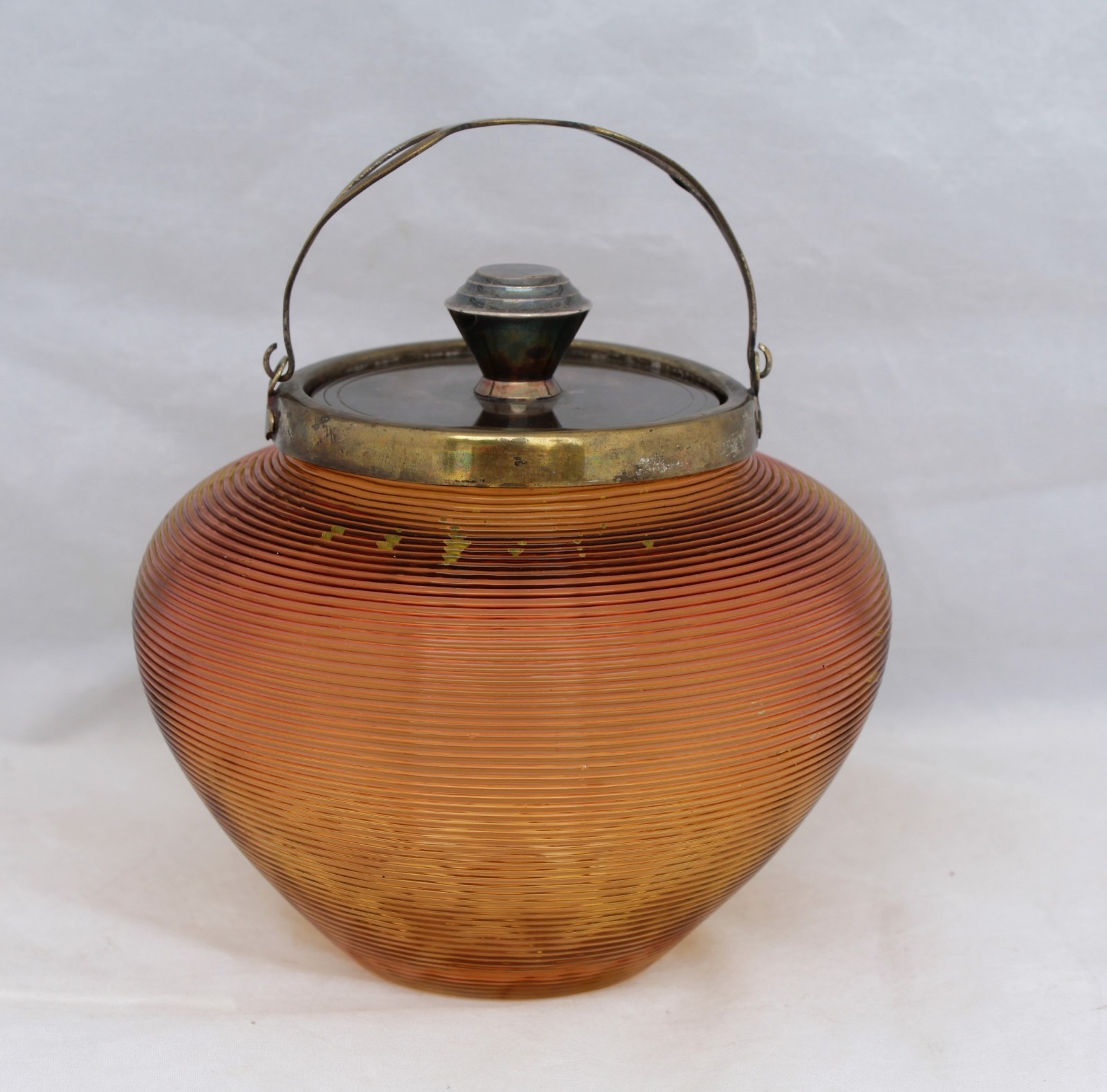 Ribbed Amber Glass Condiment/Sugar Bowl With Elkington Silver Plate - Circa 1900