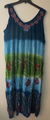 Exist Women's Free Size Plus Sleeveless Tie Dye Summer Beach Dress Blue Green 