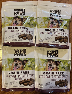 4 BAGS Whole Paws Grain Free Beef & Sweet Potato Biscuits 16oz 03/2025