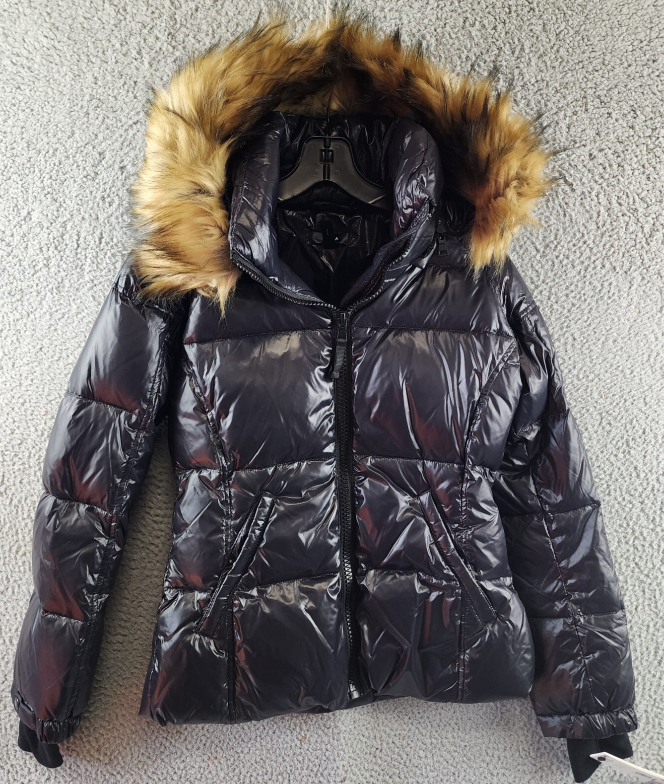 AQUA Gloss Allie Faux Fur Trim Down Puffer Jacket Women's S Jet/Natural L/S - Picture 2 of 16