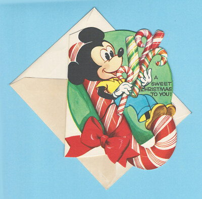 Vintage Disney 4x5 inch Die Cut Christmas Card Unused c1957 MICKEY MOUSE w/env