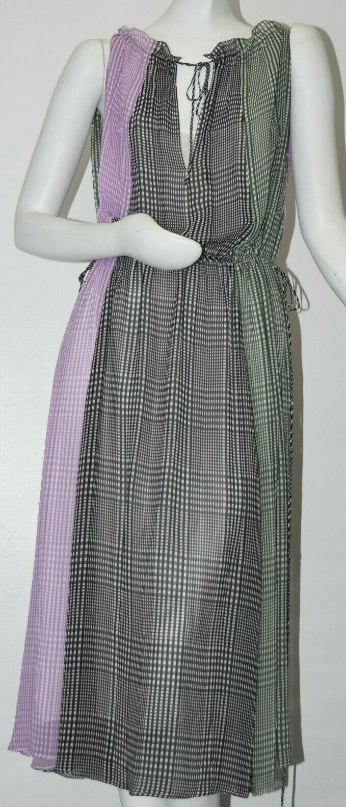 Pre-owned Pink Rose $2495 Lela Rose High Halter Neck Ruched Midi Dress Gingham Lilac Black 12 In Purple