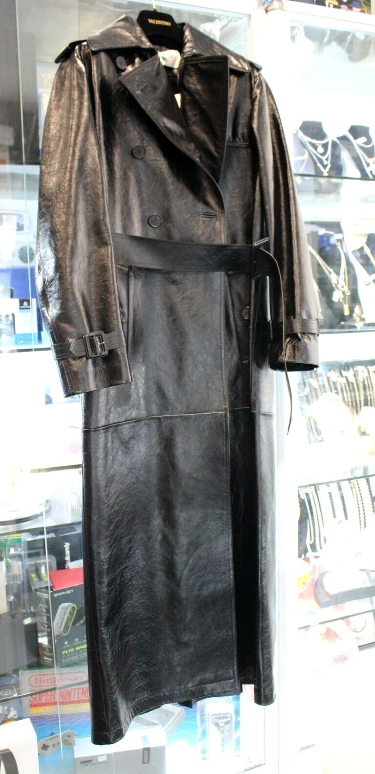 Valentino Double-Breasted CalfSkin Leather Black Trench Coat