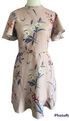 Oasis NEW Pink Floral Dress Fit & Flare UK 12 Capped Sleeves RRP £60 Zip 