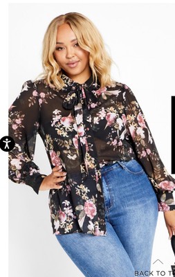 City Chic Maddison Rose Print Shirt blouse Black Sexy Plus Size 24
