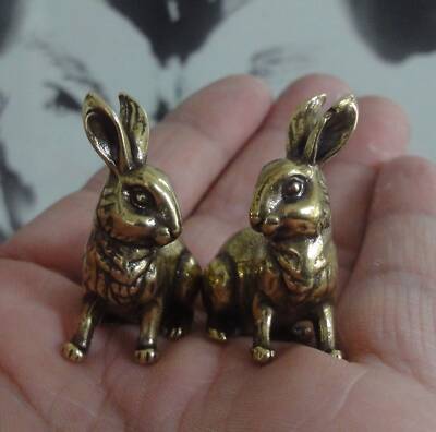 Pair of Vintage Style Solid Brass Copper Lucky Rabbits Statues for Home Decor