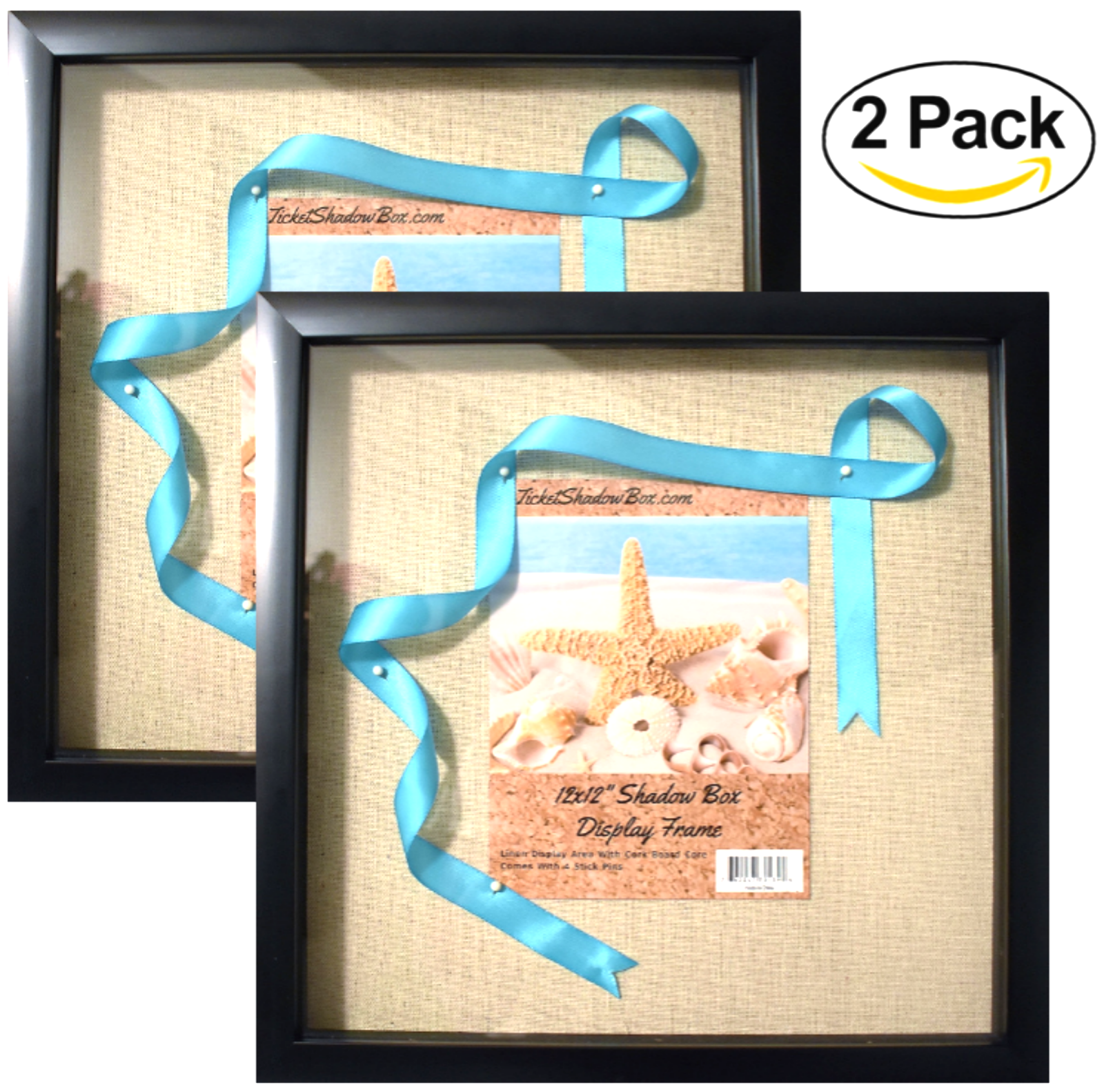 (2-Pack) 12x12" Black Shadow Box Frame with Linen Background with 8 Stick Pins