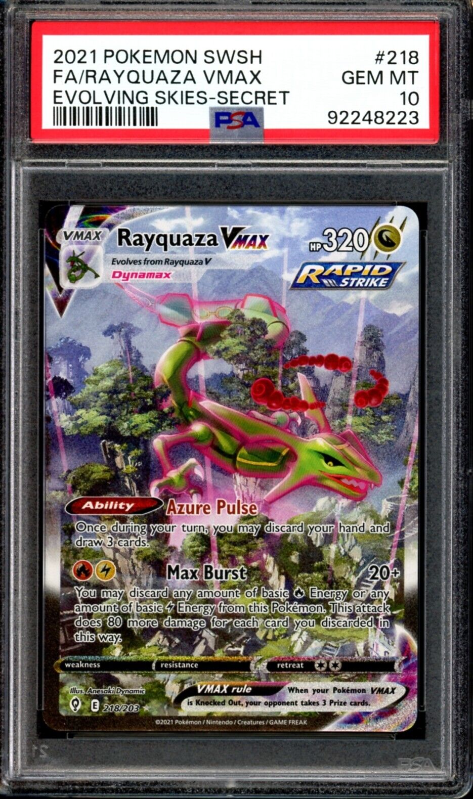 PSA 10 GEM MINT Rayquaza VMAX 218/203 Alt Art Secret Rare PSA 10 GEM MINT Rayquaza VMAX 218/203 Alt Art Secret Rare