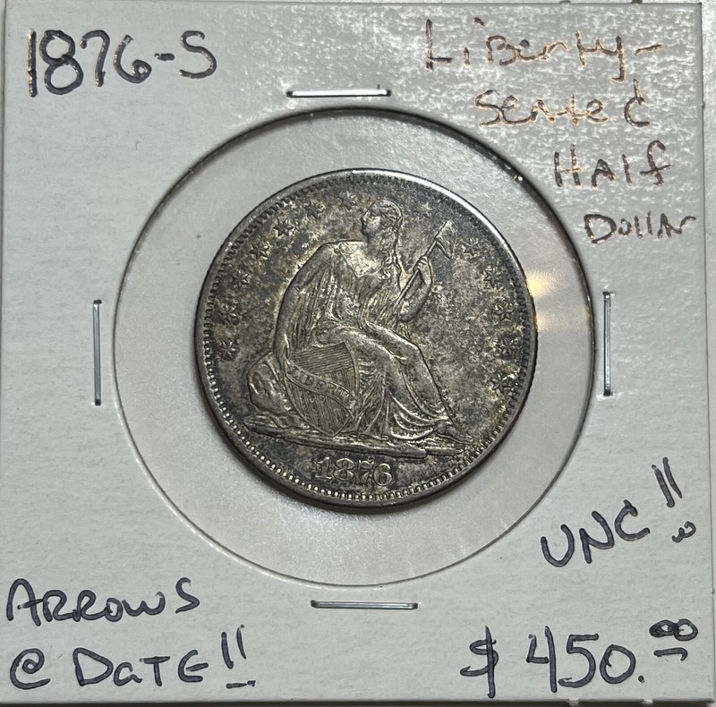 1876 S Seated Liberty Silver Half Dollar w/ Arrows @