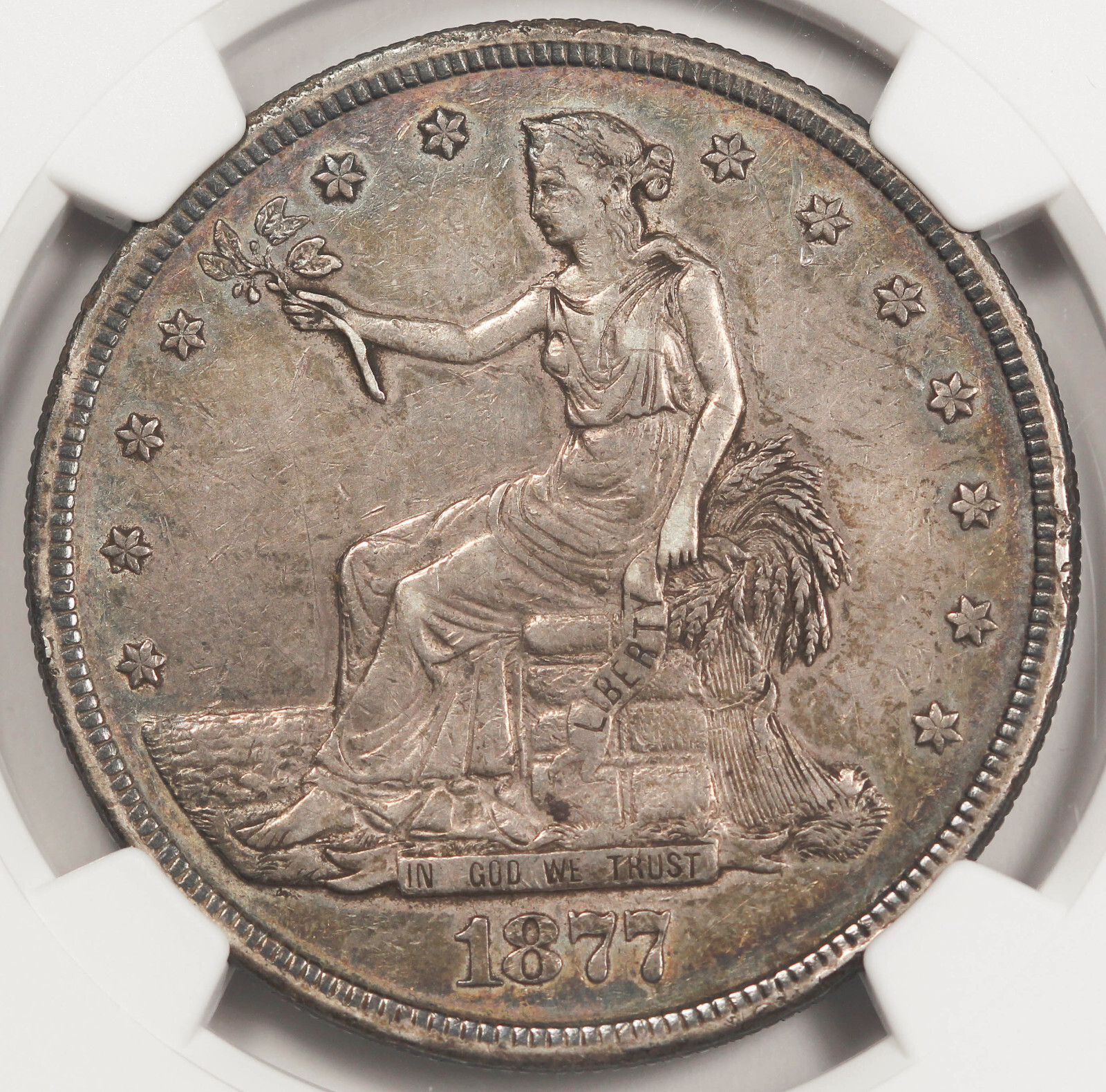 United States 1877 S $1 Trade Dollar Silver Coin NGC AU San