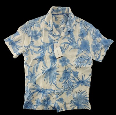 Porter & Ash Mens M Blue 100% Linen Floral Button up Short Sleeve Shirt