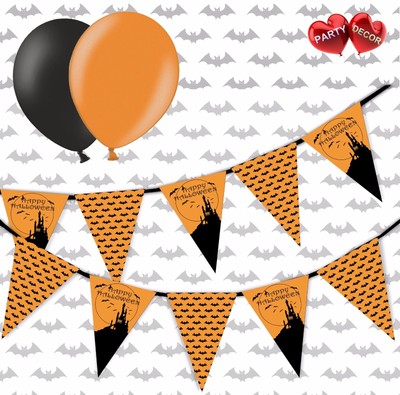 Halloween Bundle Haunted Castle Bunting Banner 15 flags amp 25 Asst latex balloons