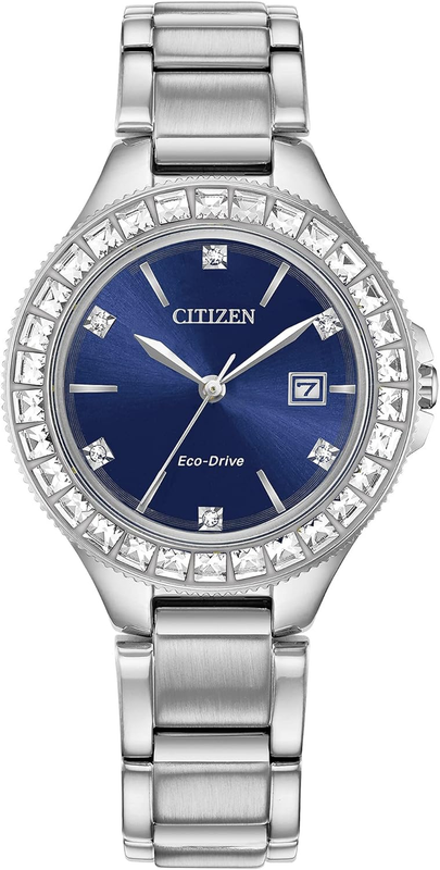 Pre-owned Citizen Ladies' Silhouette Crystal Eco-drive Watch, 3-hand Date, Stainless Steel In Stainless/blue Dial