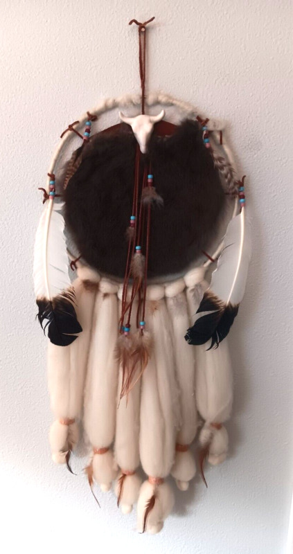 Native American Indian Spirit Vessel Bad Dream Catcher Mandala Wool Fur Leather