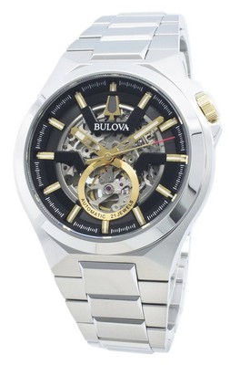Pre-owned Bulova Maquina Black Skeleton Dial Automatic Sapphire 98a224 100m Mens Watch