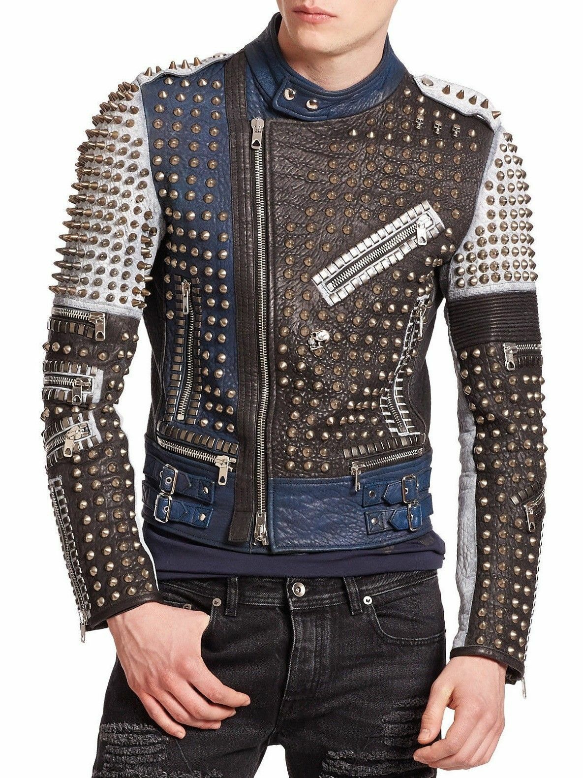 Pre-owned Brando Handmade Men Golden Studded Multi Color Leather Jacket Men Fashion, Big Sale In Multicolor