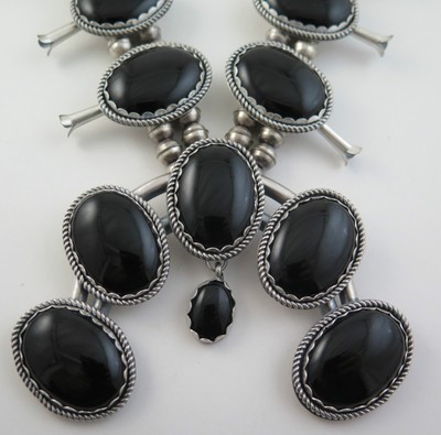 Rare HUGE 286 Gram Sterling Silver & Black Onyx Quality Squash Blossom Necklace