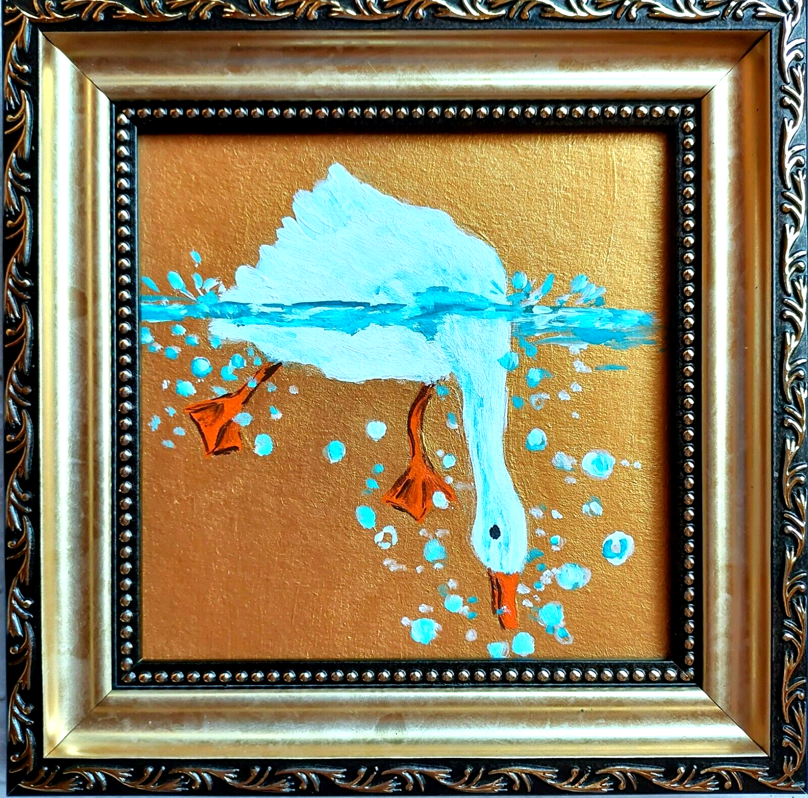 White Goose Painting Original Miniature Geese Artwork Bird picture Golden FRAMED