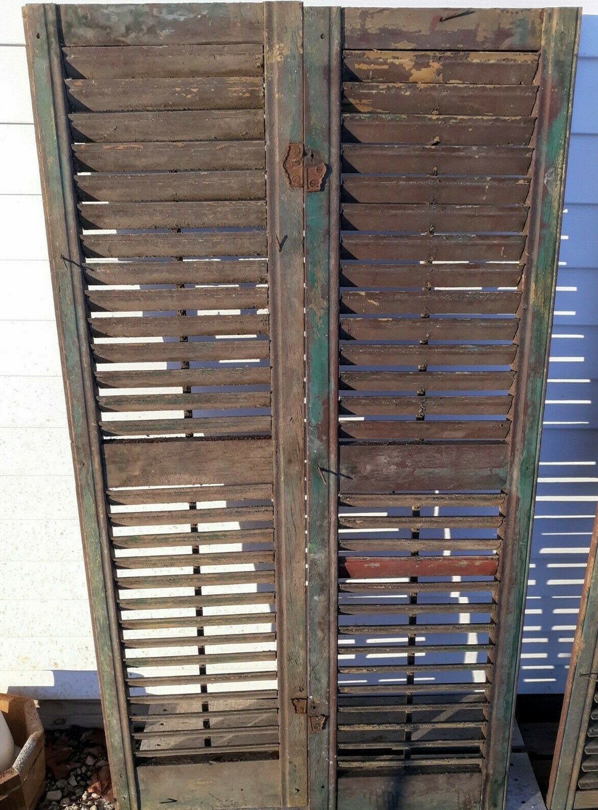 AAFA 2 PaiR c1880? FIXED louvered VICTORIAN wooden house SHUTTERS green