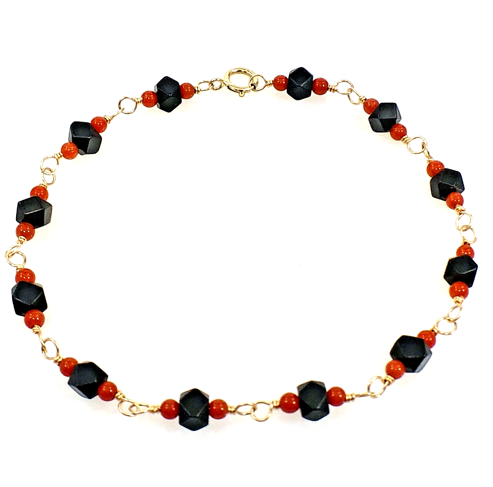 Genuine Azabache & Coral Solid 14K Gold Bracelet, 7.25