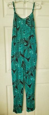 VENUS Women Green Tropical Print Sleeveless Jumpsuit Elastic Waist V-Neck Sz S