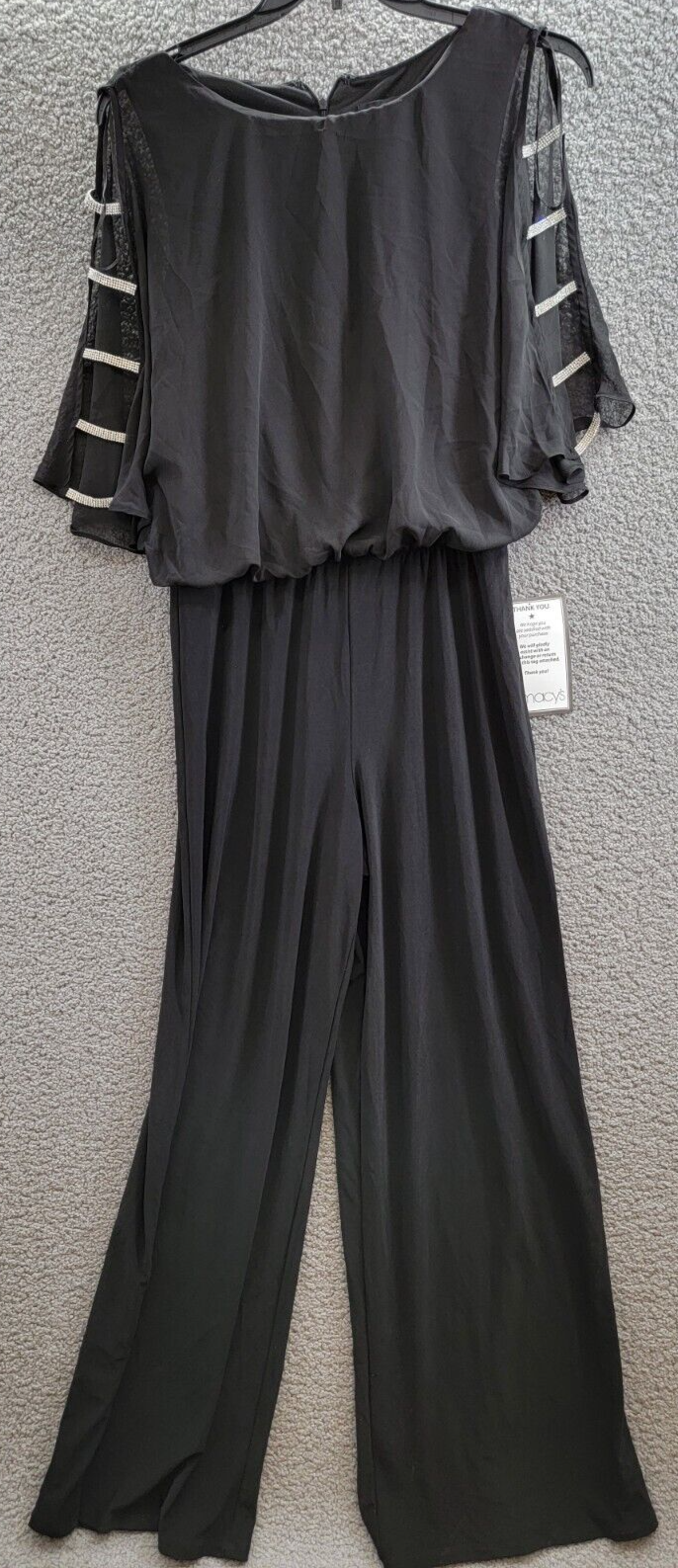 MSK Embellished Ladder-Sleeve Wide-Leg Jumpsuit Women's M Black Round Neck Zip~ - Picture 2 of 18