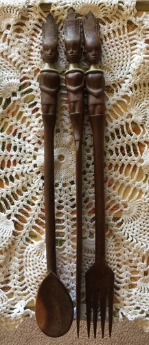 VTG Wood African Women Wall Decor Spoon Fork Knife Hand Carved 3 Pc Set 15