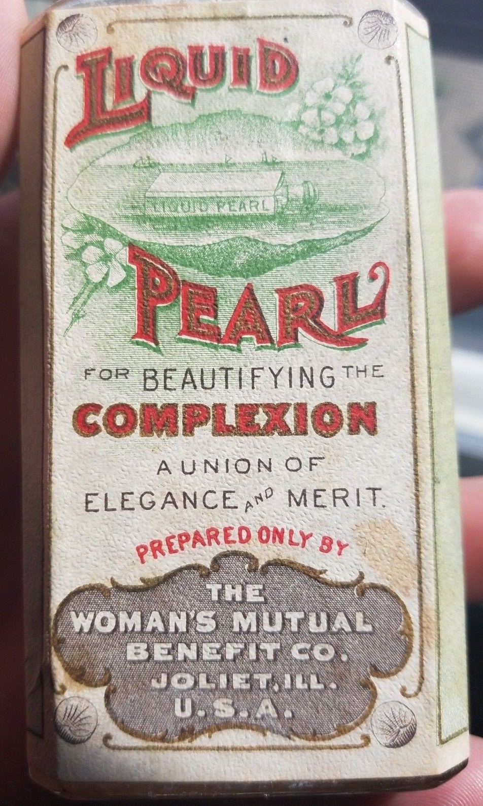 JOLIET ILLINOIS LIQUID PEARL FOR COMPLEXION WOMAN'S MUTUAL BENEFIT CO LABELED