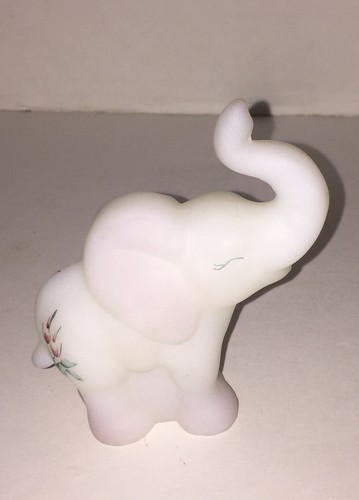 FENTON Art Glass Hand Painted Elephant Figurine Floral Flowers USA Signed Label