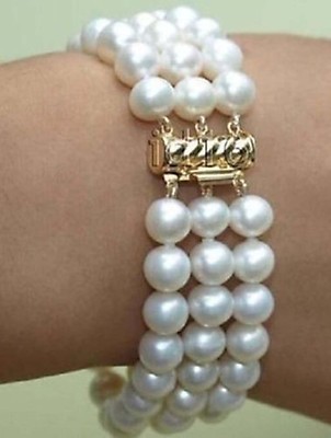 3 Rows 7-8mm Natural White Baroque Frashwater Pearl Beaded