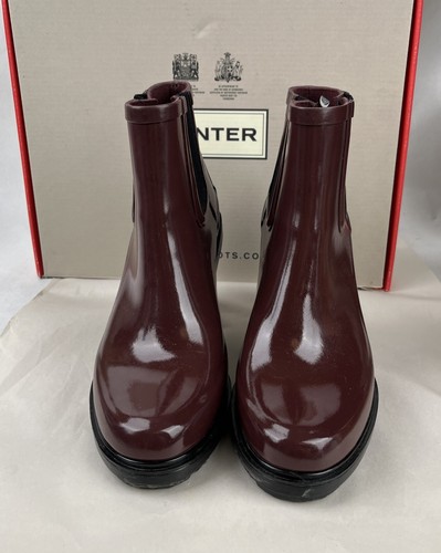 Hunter Maroon Black Rubber High Heel Mid Ankle Boots Shoes