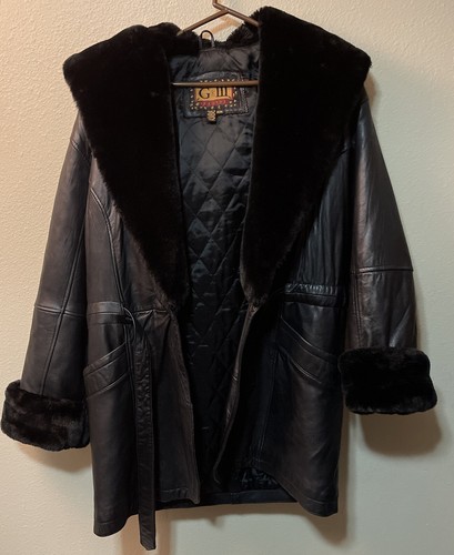 G III- Leather Coat With Hood Size Medium Faux Quilted Liner