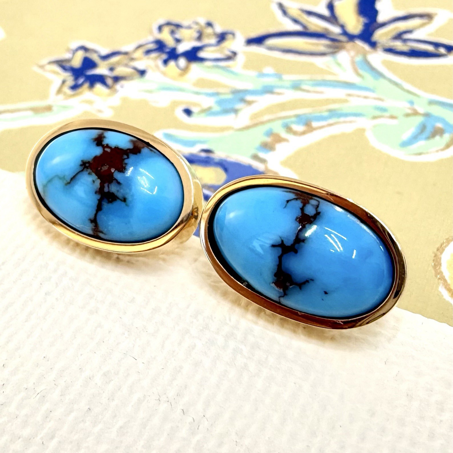 14k Yellow Gold Egyptian Turquoise Custom Made Stud Earrings, New Pair #1 - Picture 2 of 8