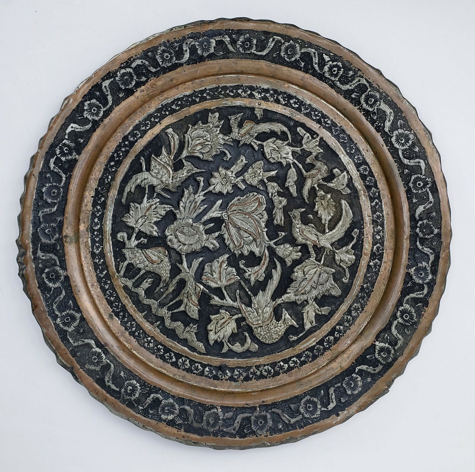 Antique Engraved Copper Silver Tone Middle Eastern Persian