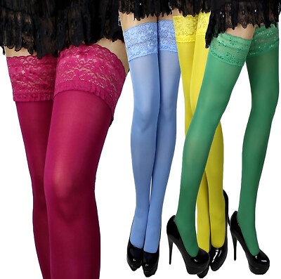 Halterlose Strümpfe mit Spitze über 20 Farben weiche Mikrofaser Gr. S-XXL 36-48 