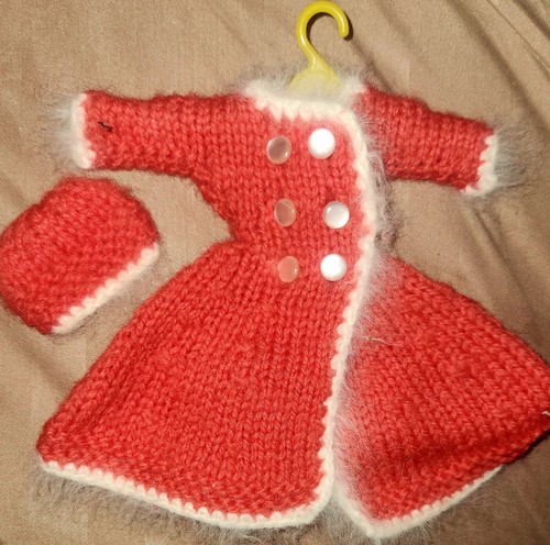 Vintage Barbie-Clone A-line Coat & HAT RED W/White Trim  HANDMADE   11-12