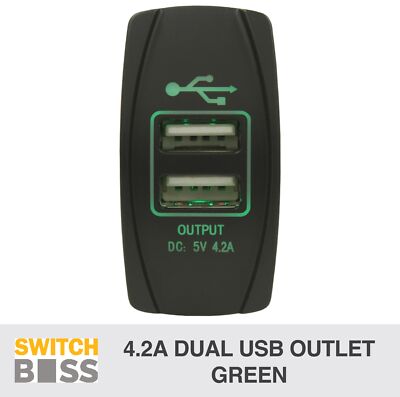 Dual USB Car Charger 4.2A GREEN DC Rocker 5V - 12V-24V - 4x4 Boat Caravan Marine