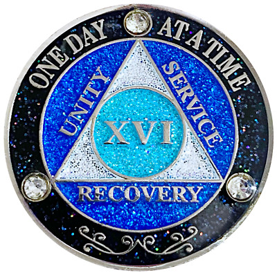 AA 16 Year Crystals & Glitter Medallion, Silver, Blue Color & 3 Crystals