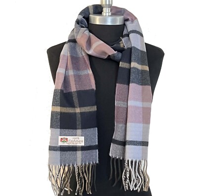 100%Cashmere Scarf Wrap Plaid Lavender/Midnight blue/Camel/Mauve #C01