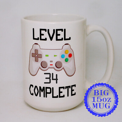 Level 34 Complete 34th Birthday 15oz Mug Personalise Video Game Retro Gamer Gift
