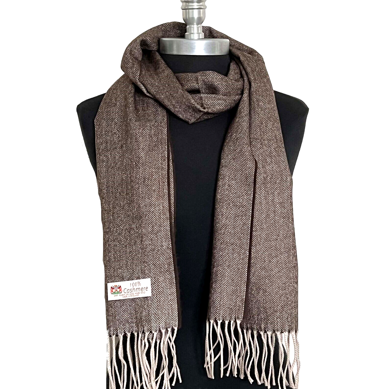 Men's 100% CASHMERE Scarf Brown / Beige Herring Bone Twill Design Soft Wool #A
