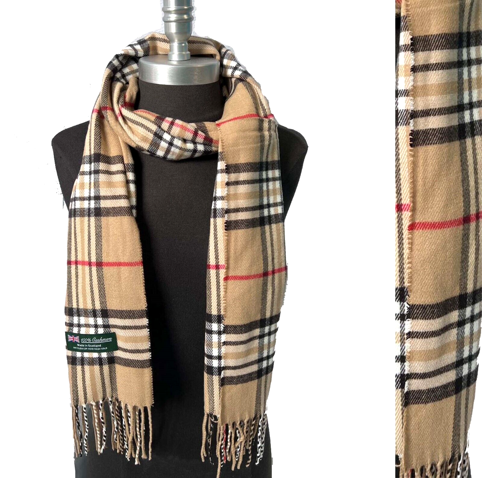 Mens Womens Winter Warm SCOTLAND Made 100% CASHMERE Scarf Plaid Camel/Black/Red