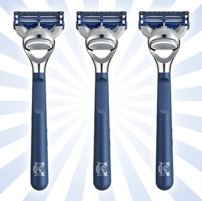 3 King C Gillette 5 Blade Shaving & Edging Razor Navy Handle w/ Blade