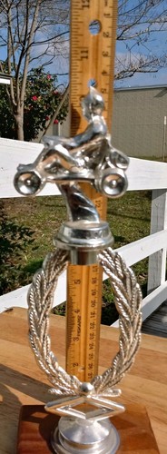 vintage gocart racing metal trophy with wood base. 10
