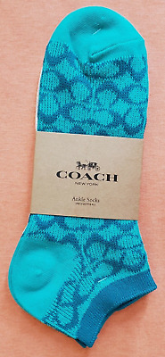 COACH SIGNATURE ANKLE  SOCKS:NWT WOMEN'S TEAL/CHALK 2-PAIR PACK CH395