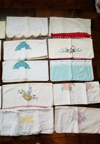 Lot of 15 Vintage CUTTER Pillowcases Painted, Embroidery,  Crocheted Edges