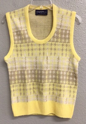 Vintage 70s Robert Bruce Sweater Vest Mens Medium Yellow Beige Print