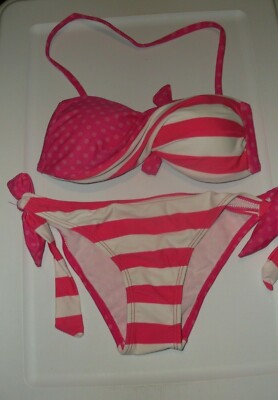 Beach Joy 2pc bikini swimsuit S retro 80's polka dot/stripe bandeau cheeky nwt